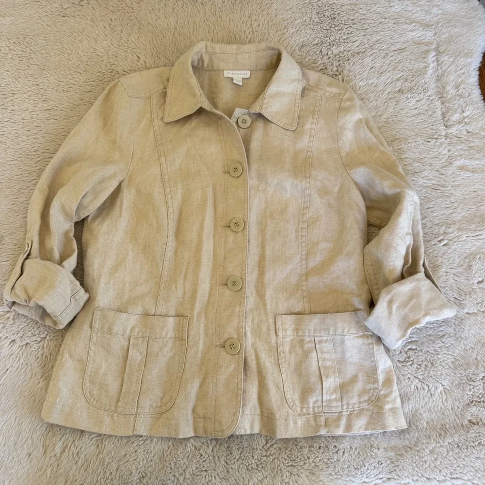 Beige‎ 100% Linen Button Up Utility Safari Jacket Neutral Earthy Shacket